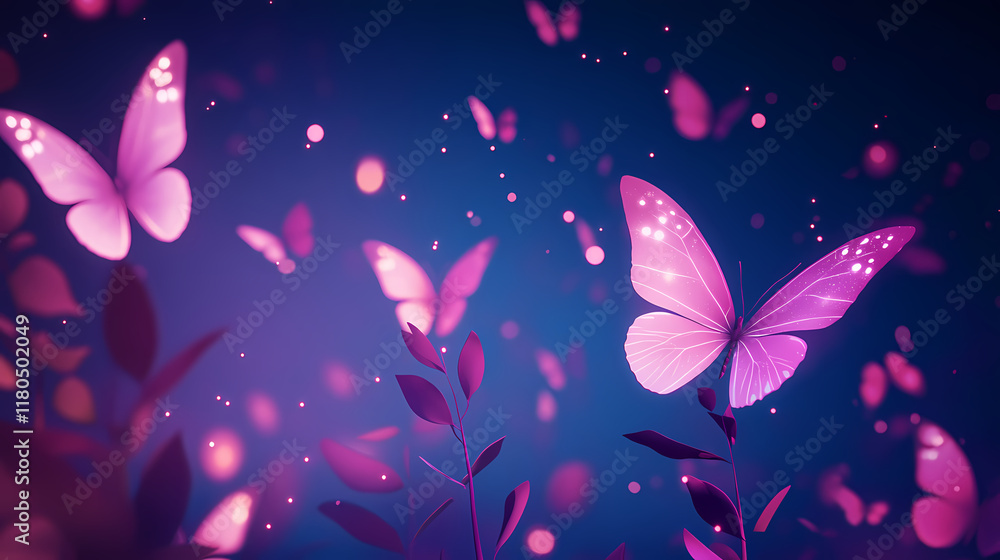 Beautiful butterflies fluttering in the air, glowing pink and purple lights against a dark blue background, creating a dreamy atmosphere. Nightglow. Illustration Beautiful butterflies fluttering in the air, glowing pink and purple lights against a dark blue background, creating a dreamy atmosphere. Nightglow. Illustration