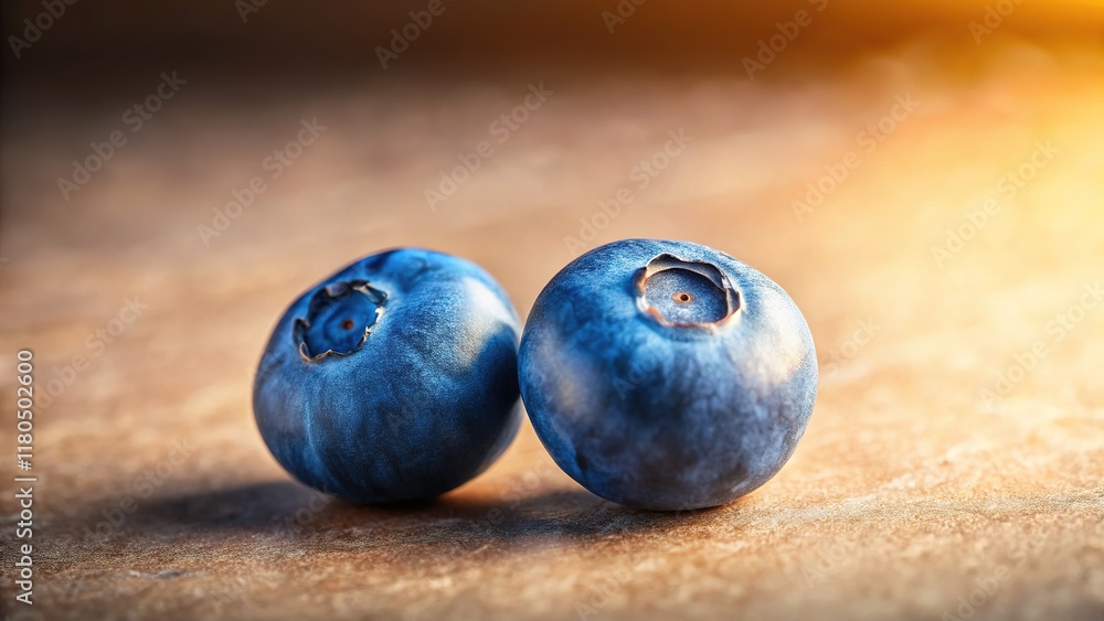 Golden Hour Blueberries: Close-up Photography of Two Juicy Berries on Beige Surface Golden Hour Blueberries: Close-up Photography of Two Juicy Berries on Beige Surface