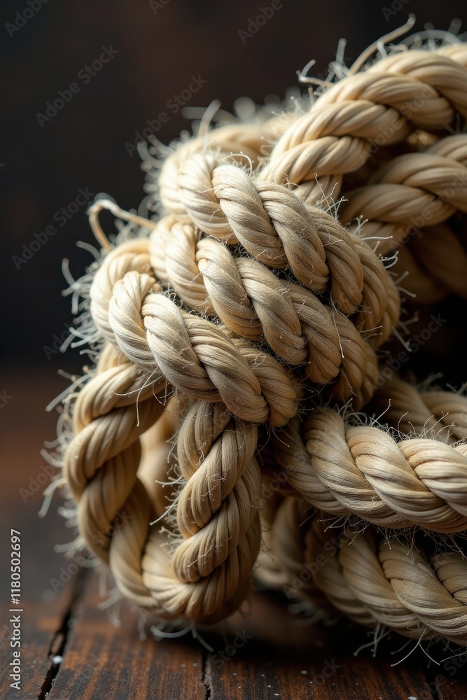 Coiled jute rope secured with tuck under lock at both ends and in the middle bight , tuck under, knot, jute rope Coiled jute rope secured with tuck under lock at both ends and in the middle bight , tuck under, knot, jute rope
