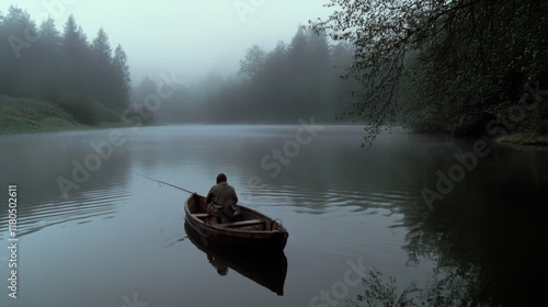 A lone figure in a wooden boat drifts on a misty lake, enveloped in solitude and the gentle embrace of nature. photo