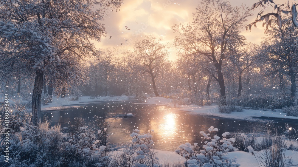 Snowy forest sunrise, tranquil winter pond, falling snow, idyllic landscape, winter wonderland Snowy forest sunrise, tranquil winter pond, falling snow, idyllic landscape, winter wonderland