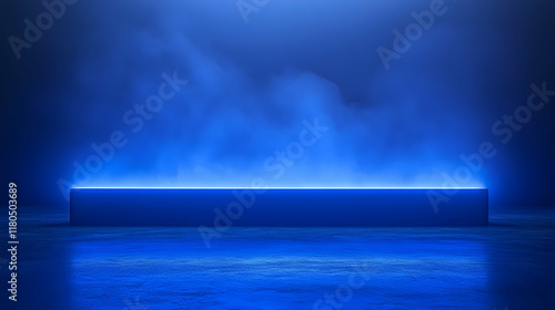 Empty blue product display podium with illuminated smoke effect.