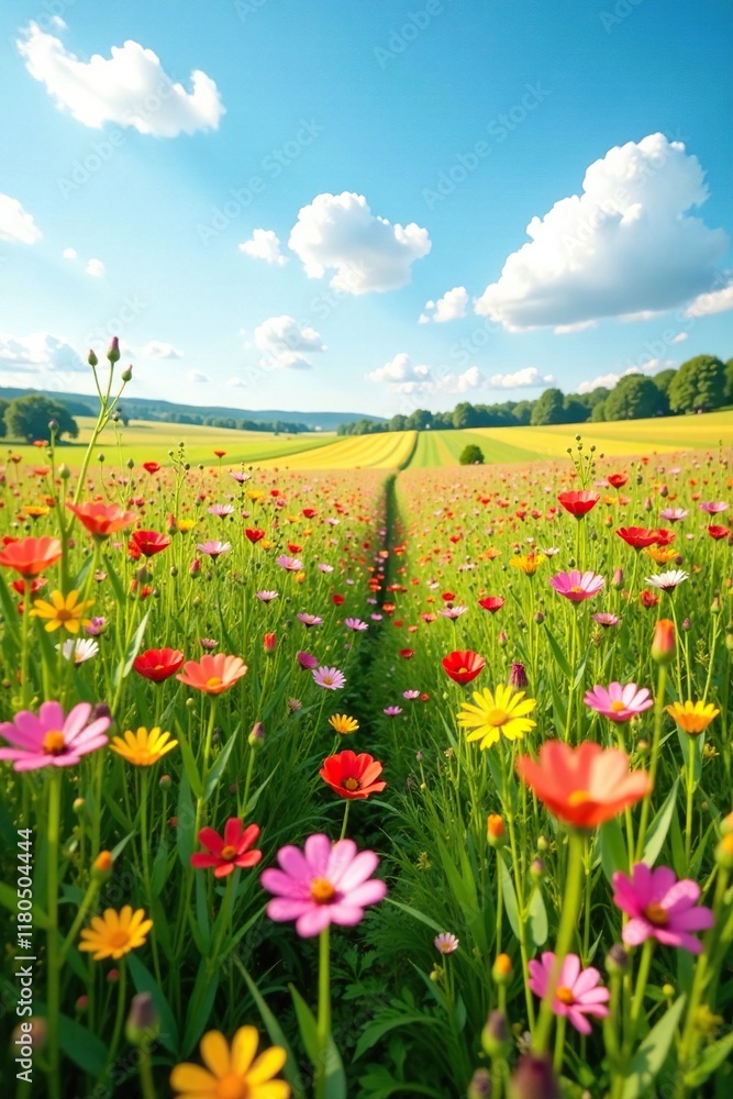 A field of wildflowers stretches towards the horizon, fields, nature A field of wildflowers stretches towards the horizon, fields, nature