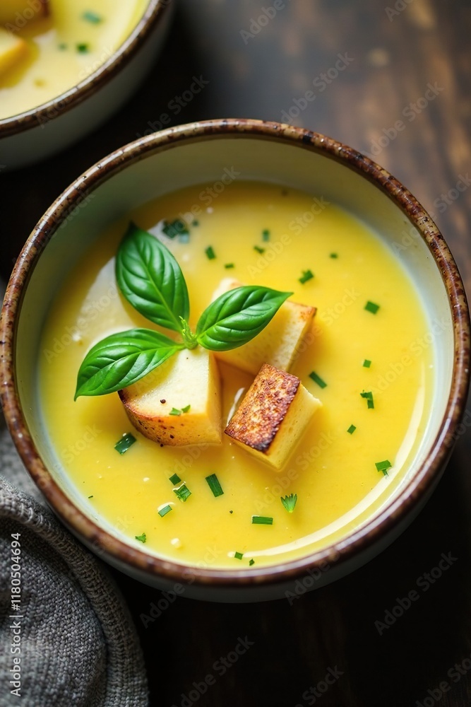 A shallow bowl containing a clear parsnip broth topped with delicate croutons and sprigs of fragrant basil, clear broth, clean A shallow bowl containing a clear parsnip broth topped with delicate croutons and sprigs of fragrant basil, clear broth, clean