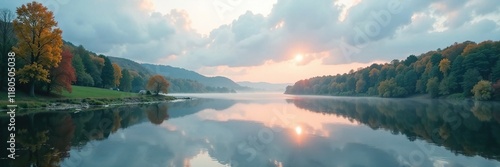 Wallpaper Mural A tranquil Elbe River scene with mist and clouds in the background, river, elbe, trancequil Torontodigital.ca