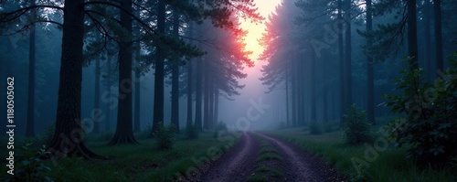 Aurora borealis light illuminating misty forest path at dawn  illuminated  nature  gentle