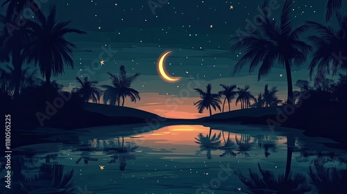 Tranquil Night Scene With Palm Trees And Crescent Moon