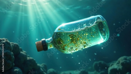 Botella flotando en el agua con un le?n marino, mar, marino