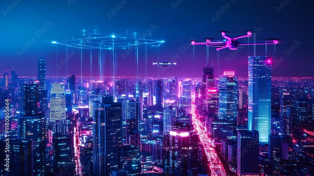 Neon Cityscape with Drones and Network Connections Neon Cityscape with Drones and Network Connections