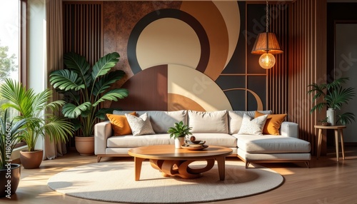 Wallpaper Mural Art deco interior japandi living room with a large circular wall art piece, a white sofa with orange pillows, a wooden coffee table, and several potted plants. Torontodigital.ca