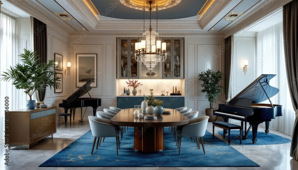 Luxurious dining room with a grand piano, a chandelier, and a blue rug. Luxurious dining room with a grand piano, a chandelier, and a blue rug.