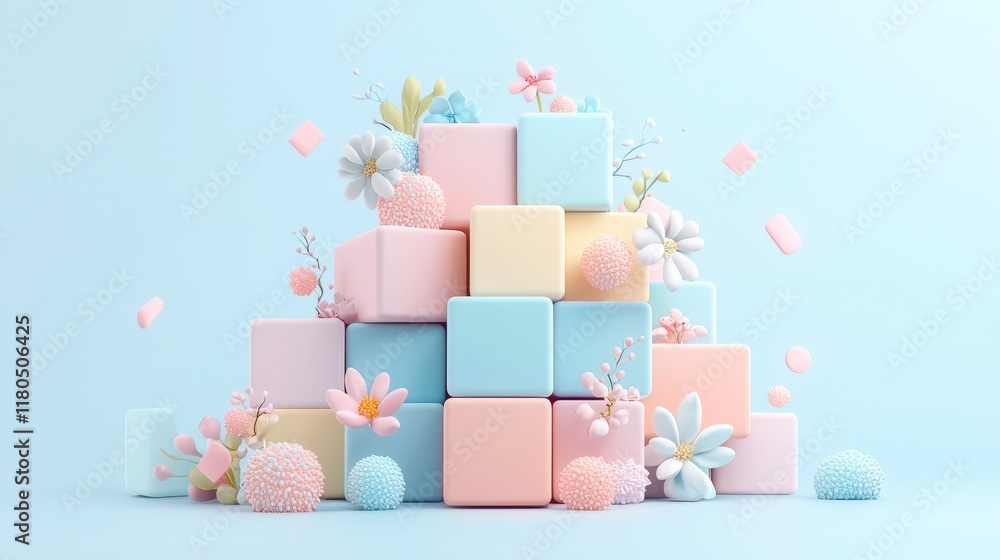 A vibrant arrangement of pastel blocks and flowers creating a playful, colorful scene. A vibrant arrangement of pastel blocks and flowers creating a playful, colorful scene.