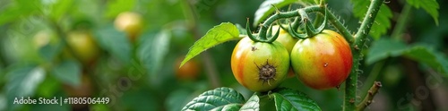 Defoliated tomato plant with fungal infected leaves, decaying plant parts, phytophthora infestans disease, infection symptoms photo