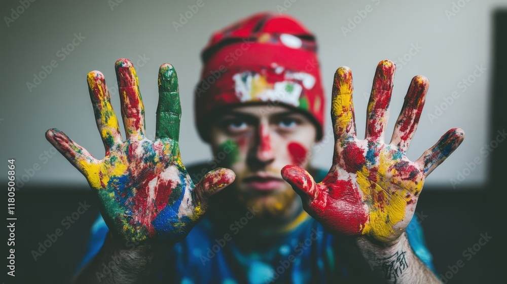 Fototapeta premium A colorful portrait of a person with painted hands, showcasing creativity and artistic expression, wearing a red beanie.