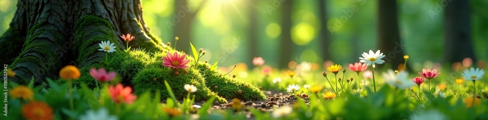 Flowers of the tree scattered around a forest floor, sunlight, greenery Flowers of the tree scattered around a forest floor, sunlight, greenery