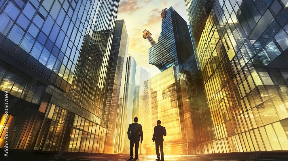 Fototapeta premium Ambitious Cityscape: Silhouetted Figures Amidst Modern Architecture