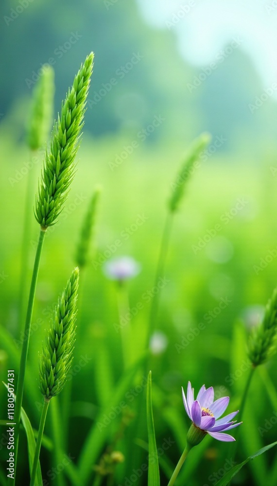 Green bristle grass in field with blooming flowers, plants, grass Green bristle grass in field with blooming flowers, plants, grass