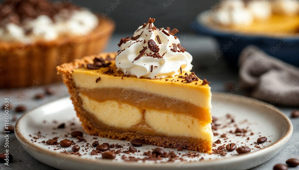 Slice of banoffee pie with creamy layers, garnished with chocolate, in a cozy setting. Slice of banoffee pie with creamy layers, garnished with chocolate, in a cozy setting.