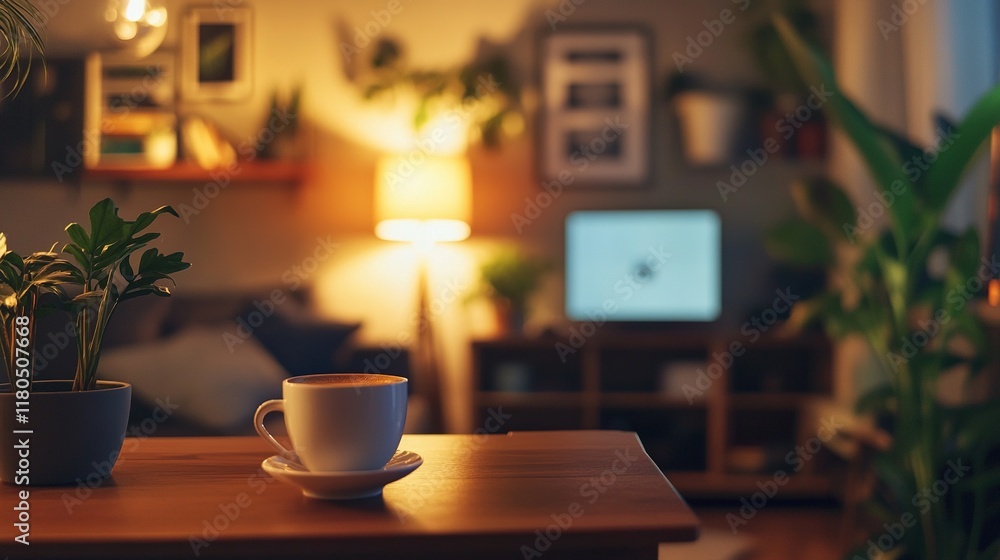 Fototapeta premium Cozy room with coffee cup on table at night.