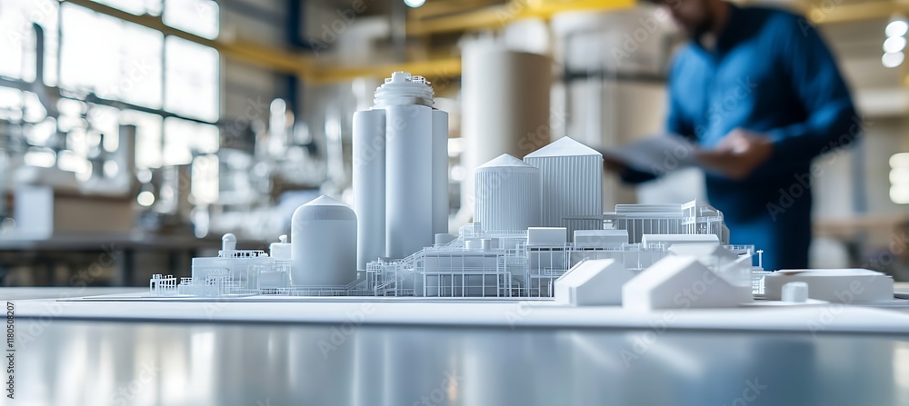 A tabletop sugar mill model in an office environment, with blurred engineers in the background. A tabletop sugar mill model in an office environment, with blurred engineers in the background.
