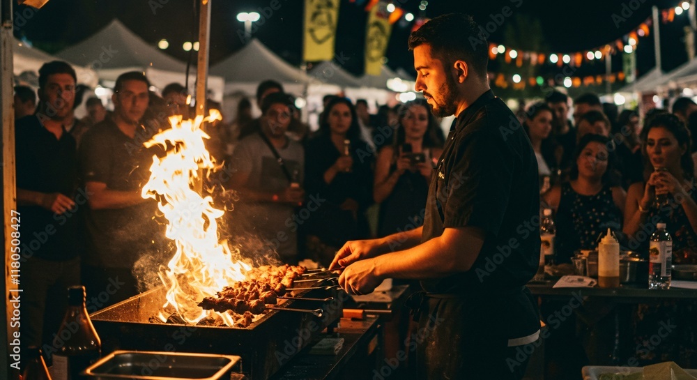 A chef grilling skewers over an open flame at a lively street food festival A chef grilling skewers over an open flame at a lively street food festival