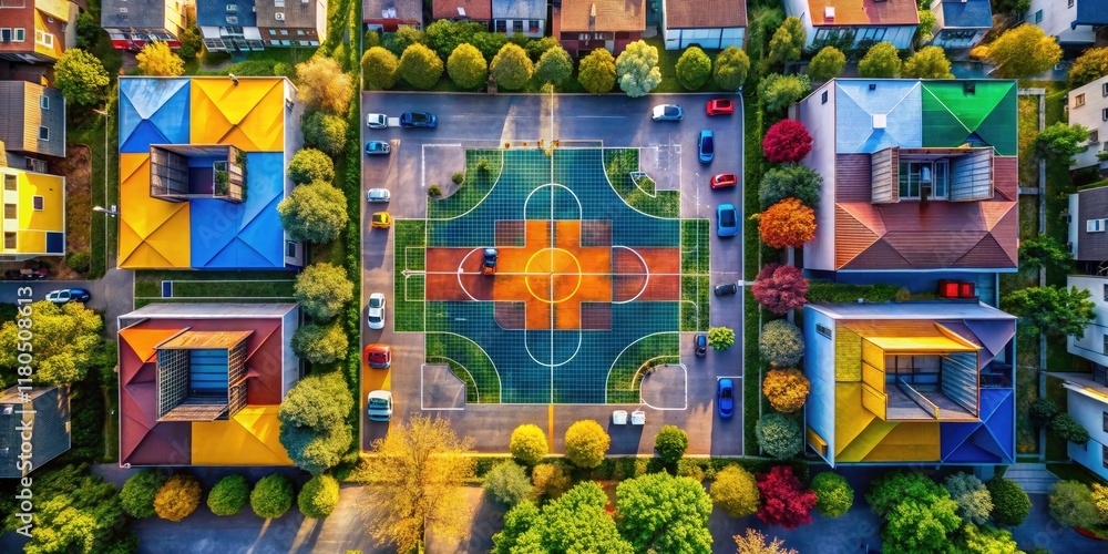 Fototapeta premium Long-exposure aerial shot: a colorful, geometrically designed basketball court, showcasing modern urban aesthetics.