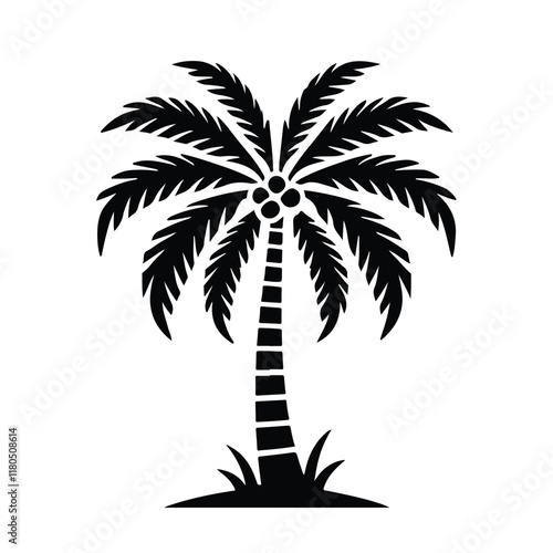 A clean, bold black silhouette of a palm tree against a white background. Simple Black Silhouette of a Palm Tree. palm tree logo. palm tree vector. natural icon.