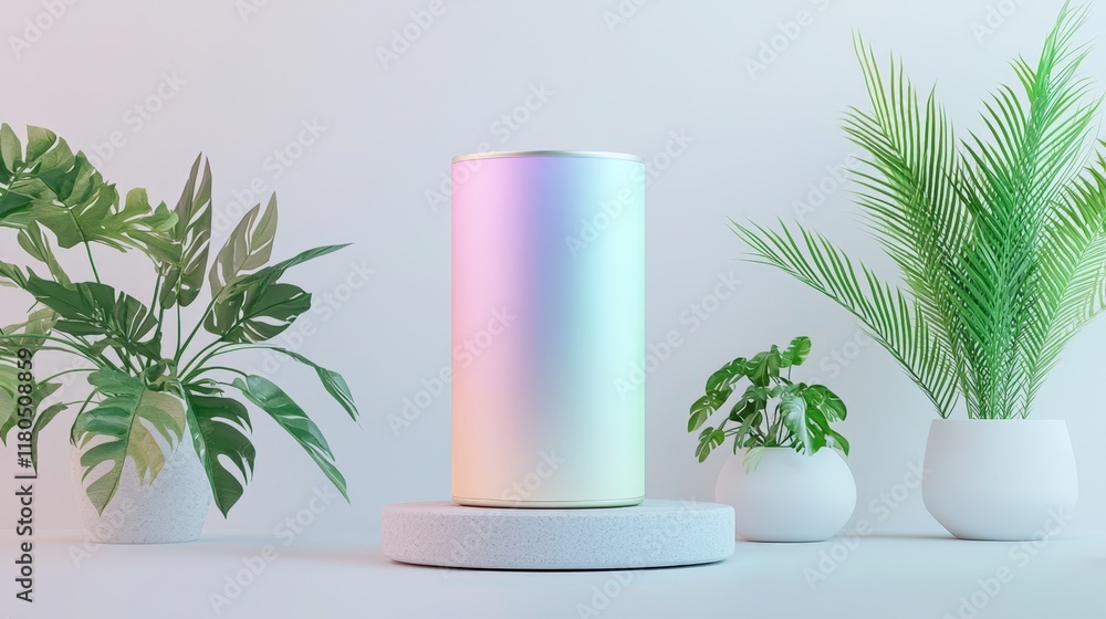 Modern speaker with colorful design surrounded by vibrant indoor plants. Modern speaker with colorful design surrounded by vibrant indoor plants.