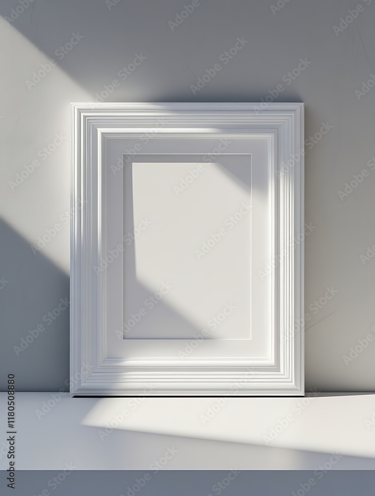 Minimalist white empty photo frame casting shadows on a light gray wall with a clean modern aesthetic Minimalist white empty photo frame casting shadows on a light gray wall with a clean modern aesthetic