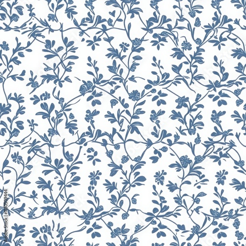 This vintage French blue floral digital paper features a seamless pattern on a white background
