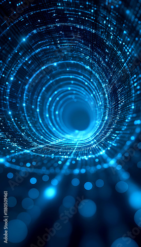 Wallpaper Mural Digital Channel. A mesmerizing tunnel of blue light pulses with energy, and shimmering particles swirl around it in a dynamic, fluid motion reminiscent of a digital vortex texture art of glow laser AI Torontodigital.ca