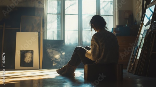 Woman Sitting in Art Studio Reflecting While Surrounded by Canvas and Sunlight in a Creative and Inspiring Environment photo