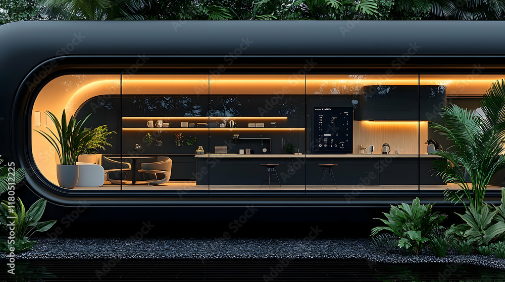 Fototapeta premium Futuristic black kitchen in a tropical rainforest cabin at night.