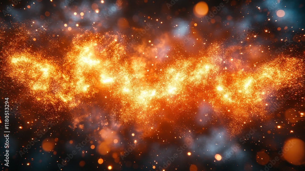 Fototapeta premium Fiery orange sparks, dark smoky background.