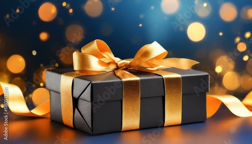 Black gift boxes with golden ribbon bow tag on blurred dark blue background with orange ligh photo