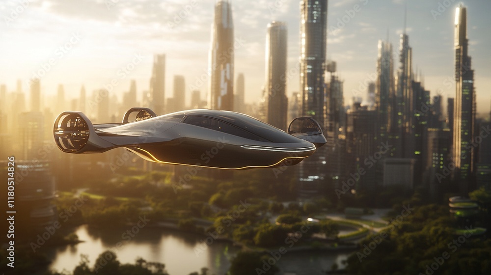 Future vehicle hovers over city at sunset. Future vehicle hovers over city at sunset.
