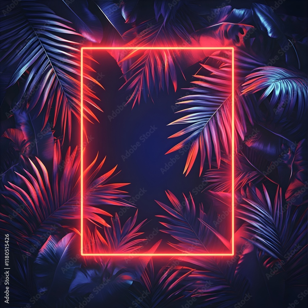 Neon red rectangular frame on a dark background of palm leaves. Neon red rectangular frame on a dark background of palm leaves.