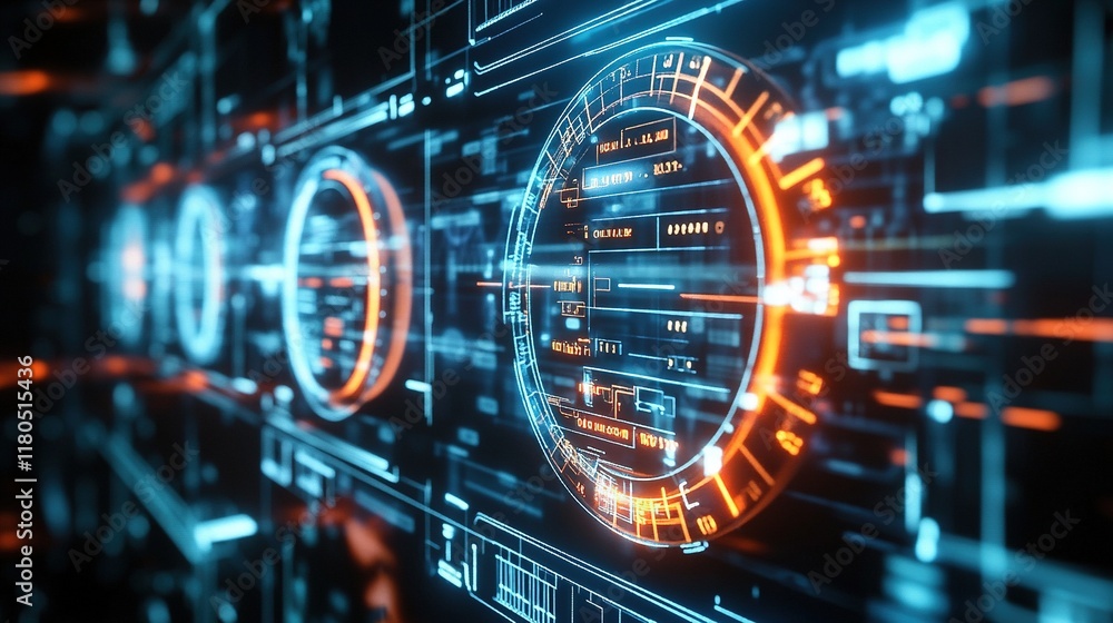 Futuristic digital technology screen with blue and orange elements. Futuristic digital technology screen with blue and orange elements.