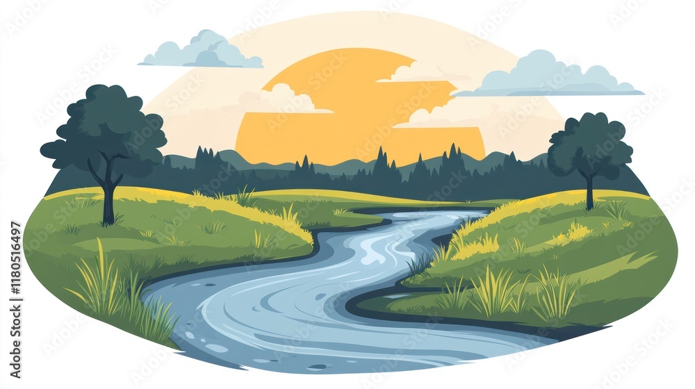 Fototapeta premium Serene river flowing through a lush green valley at sunset.