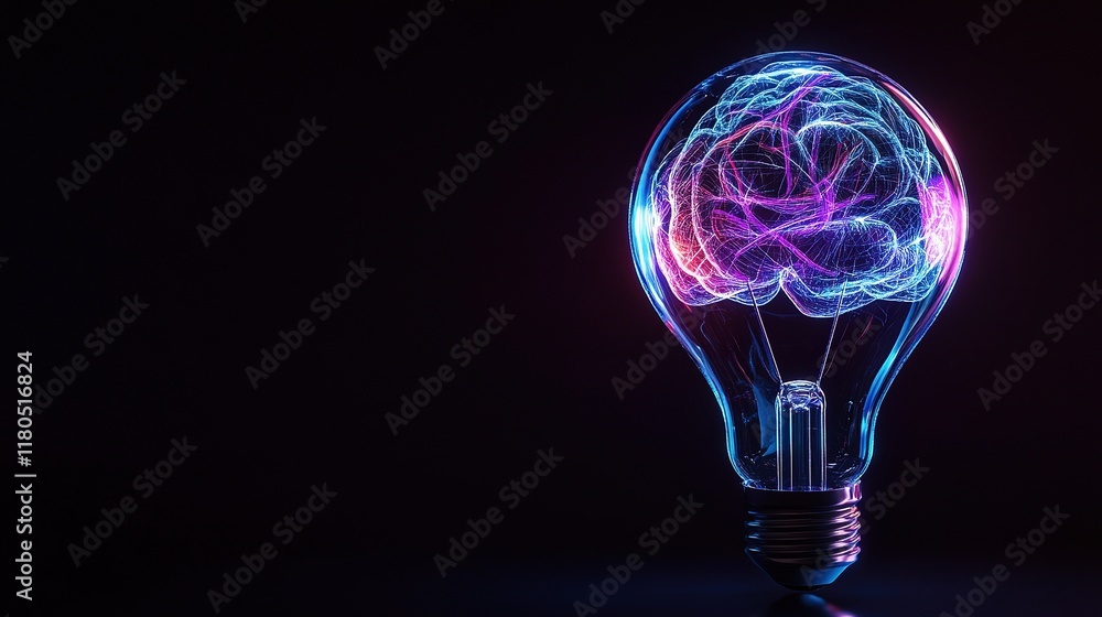 Glowing brain inside a lightbulb, representing ideas and innovation. Glowing brain inside a lightbulb, representing ideas and innovation.