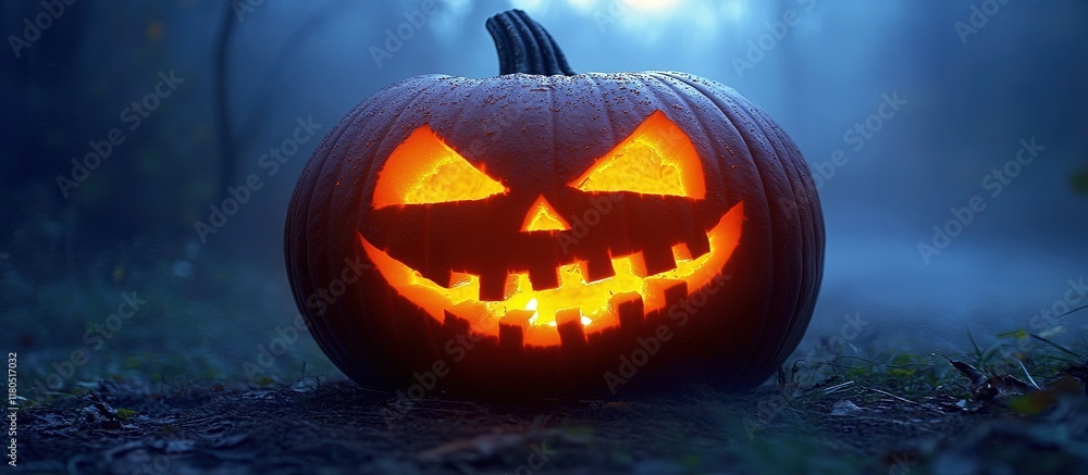 Naklejka premium Glowing, carved jack-o-lantern at night.