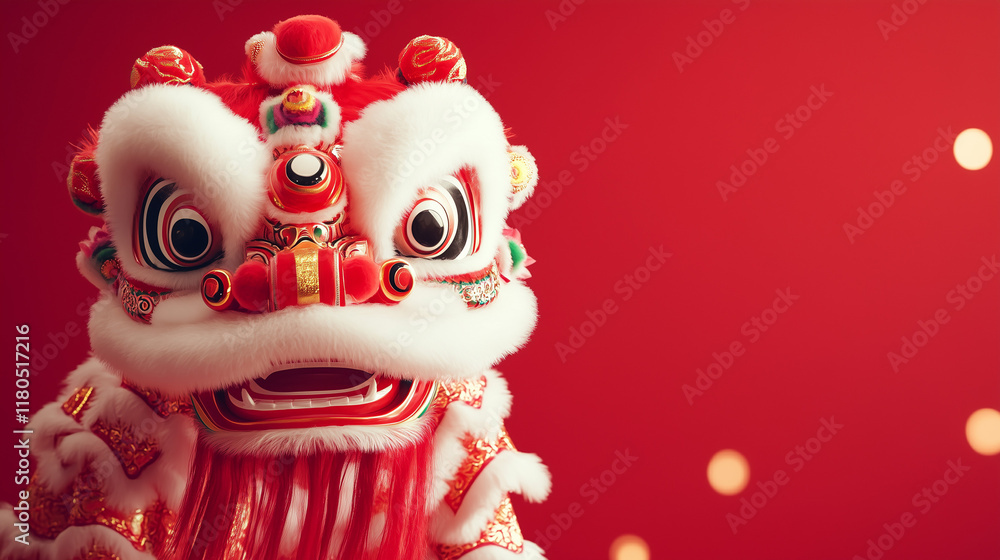 Obraz premium Enchanting 2025 Lunar New Year Celebration. Cute Chinese dragon, poster. traditional lion dance head poster for Chinese new year.