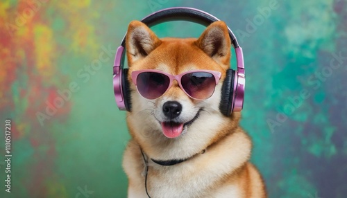 Shiba Inu dog (doge) wearing sunglasses and headphones on colorful background for summer mus photo