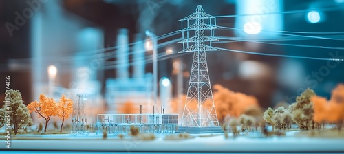 A small grid station on a table, surrounded by blurred office setting and engineers. photo