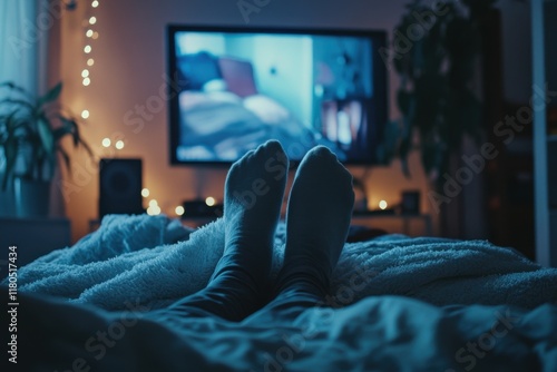 Person Relaxing in Bed Under a Blanket, Watching TV at Night, Enjoying Comfortable Leisure and Entertainment.