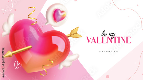 Happy valentine's day clipart background design. Valentine greeting text with heart piercing cupid arrow with wings in pink abstract background. Vector illustration valentine's day invitation card 