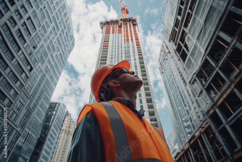 Construction Engineer Observing Skyscraper Development Site. Modern Urban Architecture and Engineering Excellence