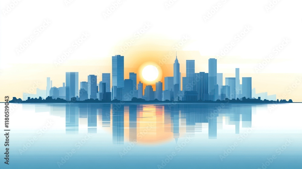Fototapeta premium Sunrise cityscape reflected in calm water.