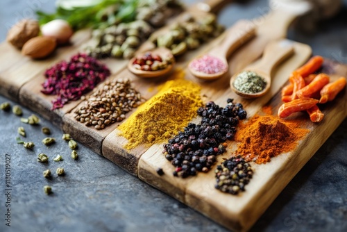 Aromatic Spices Arranged on Wooden Board for Cooking photo