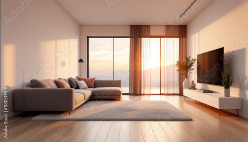 Wallpaper Mural Modern japandi living room with a large window, a gray sofa, a flat-screen tv, and a sliding glass door. Torontodigital.ca